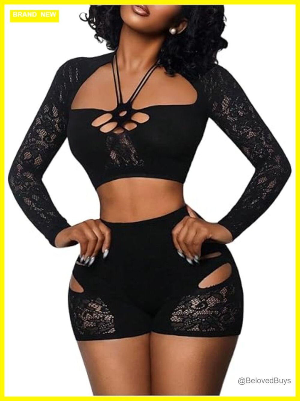 2 Piece Outfit Sexy Cut Out Sheer Mesh Crop Top Skinny Shorts Set